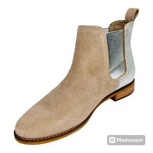 Toms Ella Desert Taupe Suede Silver Metallic Distressed Leather Ankle Bo…